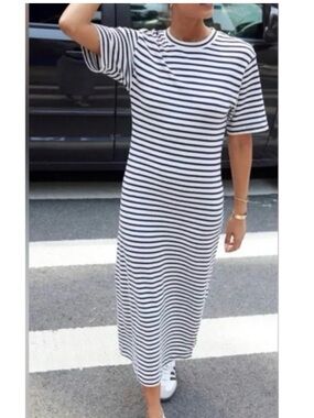 AYR Navy White Striped Midi T-Shirt Dress Large- fits like MED- 100% Cotton